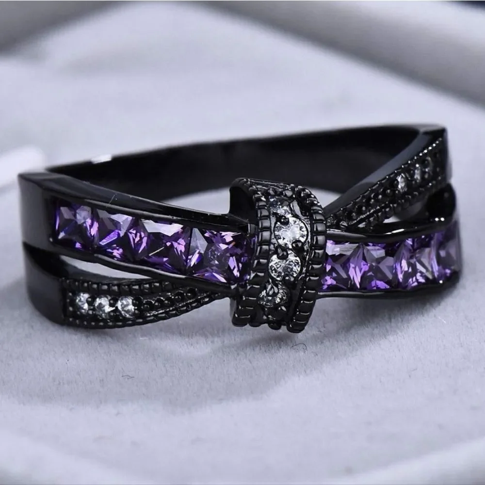 Gothic Amethyst Bowknot Ring Black Stainless Steel Rare and Unique Black Ring